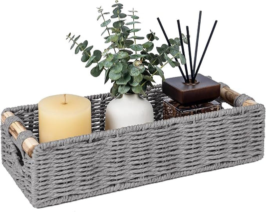 CubesLand Back of Toilet Storage Basket for Organizing w/Cut Out Handle, Handwoven Toilet Tank Top Paper Baskets, Wicker Decorative Basket for Countertop, Home Decor, Living Room, Nursery, Grey