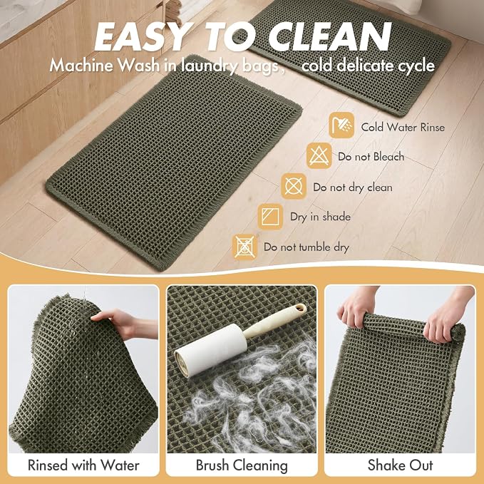 MIULEE Set of 2 Waffle Bathroom Rugs Boho Bath Mat Green 17"x24"+18"x30" | Non Slip, Super Absorbent, Washable, Ultra Soft, Rubber Backed, Small Bath Rugs for Bathroom Floor Tub Shower