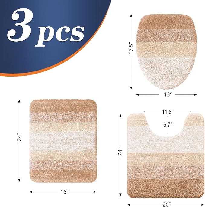 OLANLY Bathroom Rugs Sets 3 piece, Soft Microfiber Absorbent Bath Mat, U-Shaped Contour Toilet Mat and Toilet Lid Cover, Quick Dry, Machine Washable, Toilet Cover and Rug Set for Bathroom, Beige