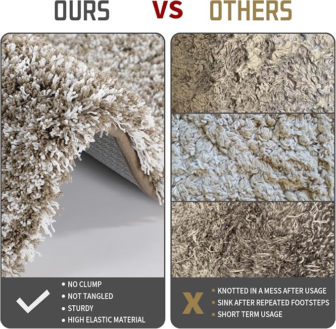 Yimobra Fluffy Bathroom Toilet Rug Set, 32x20+24x20, Light Brown and White | Soft Absorbent Microfiber Bath Mat Set, Non Slip, Machine Washable Quick Dry, Plush Shaggy Shower Rugs for Bathroom Floor