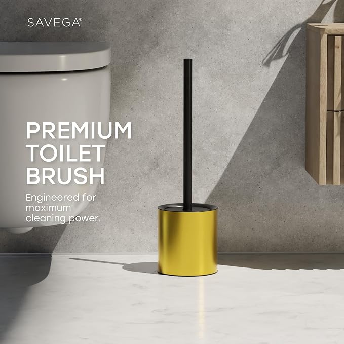 Toilet Bowl Brush with Holder and Splash Guard – Gold | Freestanding toilet bowl brush set with durable steel holder, splash guard lid, and stainless steel handle in gold