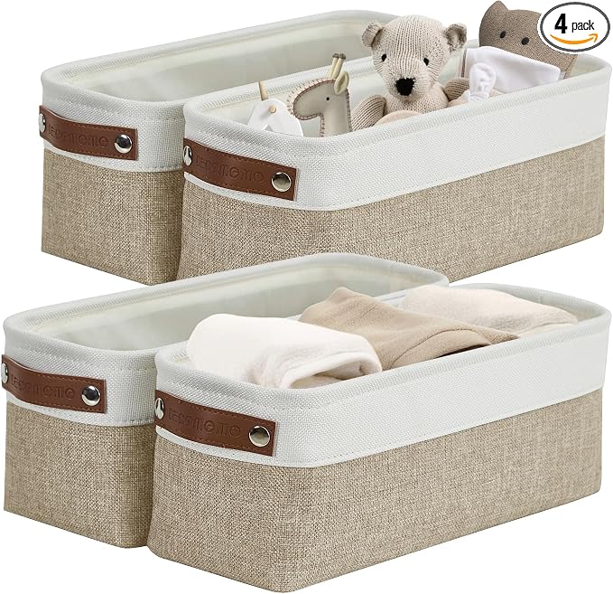 DECOMOMO Narrow Storage Bins Small Baskets for Organizing Bathroom, Toilet Tank, Towel Storage, Entryway, Gifts (Beige and White - Set of 4)