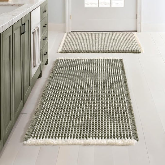 MIULEE Set of 2 Waffle Bathroom Rugs Green&Cream Bath Mat 17"x24"+20"x32" | Non Slip, Super Absorbent, Washable, Ultra Soft, Rubber Backed Bath Rugs for Bathroom Floor Tub Shower, Boho Decor