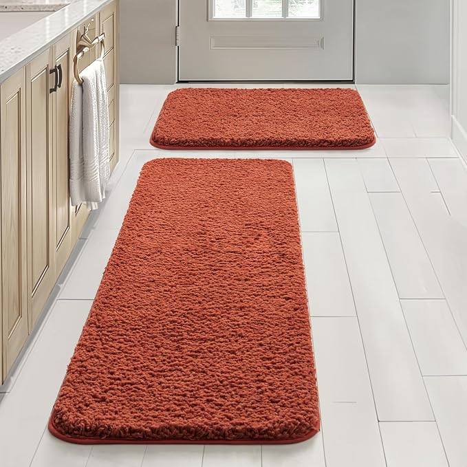 MIULEE Fall Rust Bathroom Rugs Set 2 Piece Soft Bath Mats 16x24+16x48 Inch | Soft Absorbent Microfiber Bath Rugs, Non Slip, Quick Dry, Fluffy Bath Rugs for Bathroom Floor Tub Showers, Machine Washable