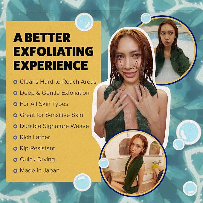 GOSHI Exfoliating Shower Towel - Long Body Scrubber, Green | rip-resistant, rapid-drying, exfoliating long washcloth for all skin types to eliminate back acne and maintain smooth skin