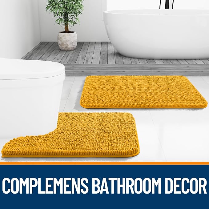 OLANLY Bathroom Runner Rugs 44x24, Soft Absorbent Chenille Bath Rugs, Rubber Backing Quick Dry, Machine Washable Long Bath Mats for Bathroom, Tub and Shower, Home Decor Accessories, Golden Yellow | Golden Yellow, Quick-Drying Rubber Backing, Washable L...