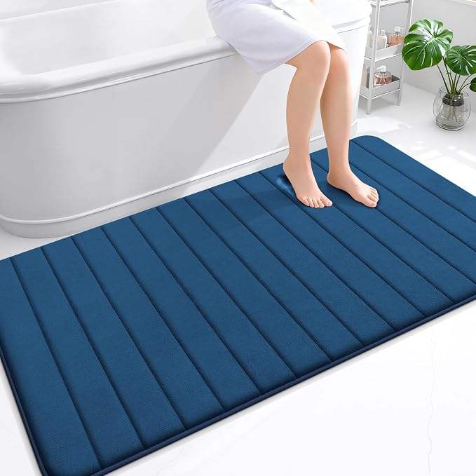 OLANLY Memory Foam Large Bath Mat 59x34, Super Soft Absorbent Bathroom Rugs | Navy Blue, Quick Dry Bath Rug, Machine Washable Shower Floor Mats, Bathmat Carpet for Bathroom Floor, Tub and Shower