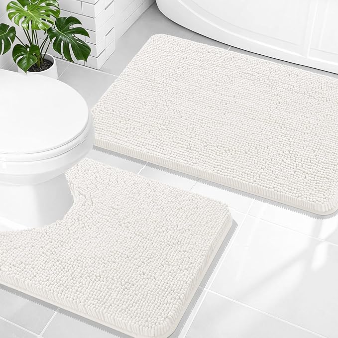 OLANLY Chenille Bathroom Rugs Mats Sets 2 Piece, 30"x20"+24"x20", Ivory | Soft Absorbent Bath Mat and U-Shaped Contour Toilet Rug Set, Quick Dry, Machine Washable Bath Carpet, Home Decor Accessories