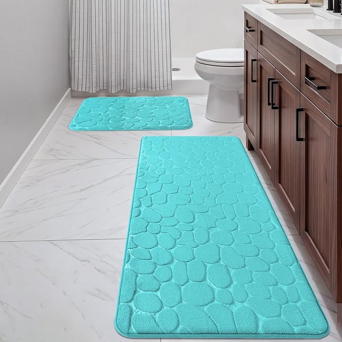 YIHOUSE Bathroom Rugs Mat Set, Memory Foam Bath Mat 2 Piece Teal | 17x24&20x46, Non Slip, Water Absorbent, Washable, Bath Mat For Bathroom, Sink and Toilet