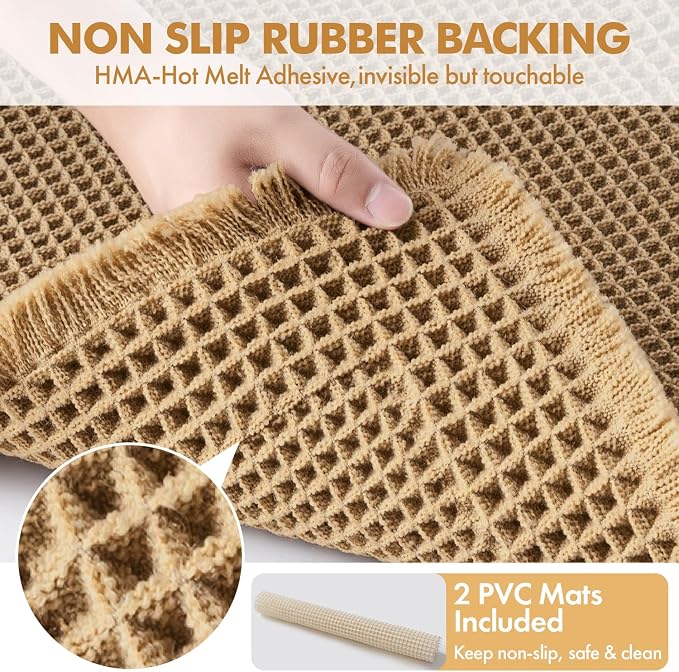 MIULEE Set of 2 Waffle Bathroom Rugs Bordered Bath Mat Brown 18x30 Inch | Non Slip, Super Absorbent, Washable, Ultra Soft, Rubber Backed Bath Rugs for Bathroom Floor Tub and Shower, Boho Decor