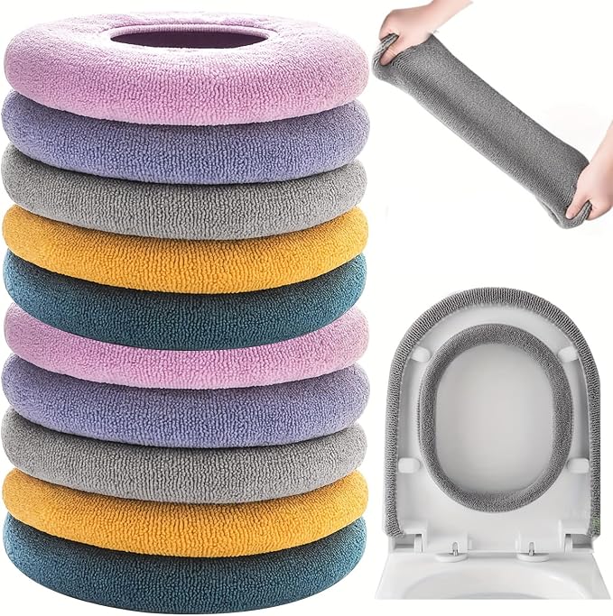 10 Pcs Bathroom Soft Thicker Warmer Stretchable Washable Cloth Toilet Seat Cover Pads (5 colors, 2 of each)
