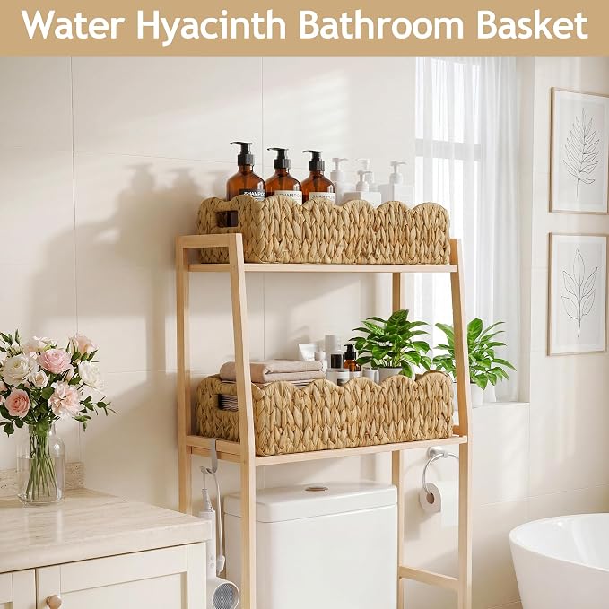 efluky Toilet Paper Basket, Scalloped Basket 2-Pack, Bathroom Decor Back of Toilet Basket, Wicker Natural Water Hyacinth Bathroom Basket for Organizing Countertop,Shelves,Bedroom