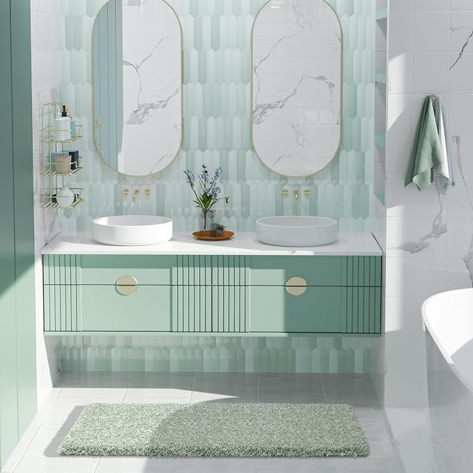 Yimobra Luxury Bathroom Rugs, Fluffy Bath Mats, Non Slip, Water Absorbent Microfiber, Machine Washable, Plush Runner Shower Rugs, Thick Matts for Bathroom Floor&Tub, 47" X 24", Light Green and White