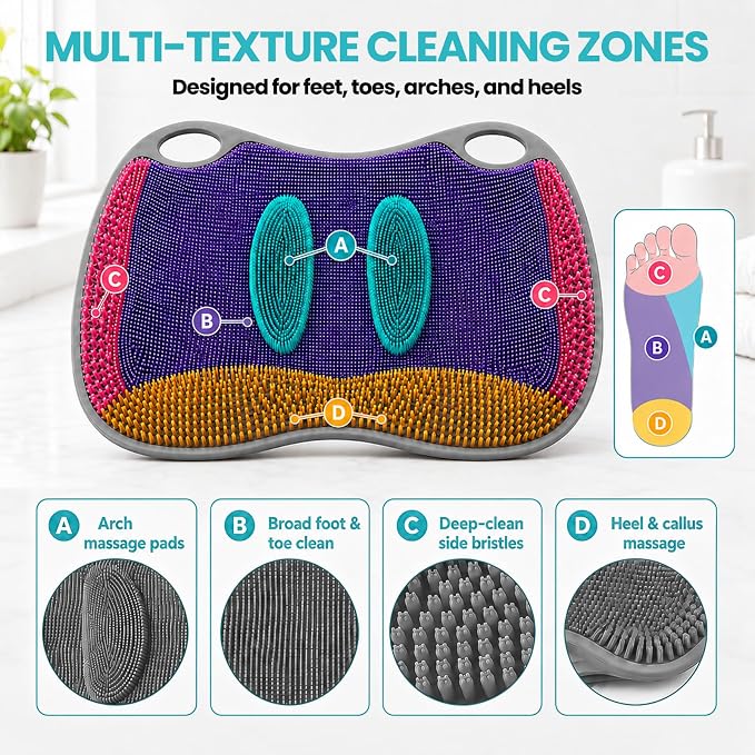 XL Silicone Shower Foot Scrubber Mat with Suction Cups, Foot Washer for Shower, Foot and Back Scrubber for Smooth Shower Wall or Floor, Grey, 17.3 x 12.9 in