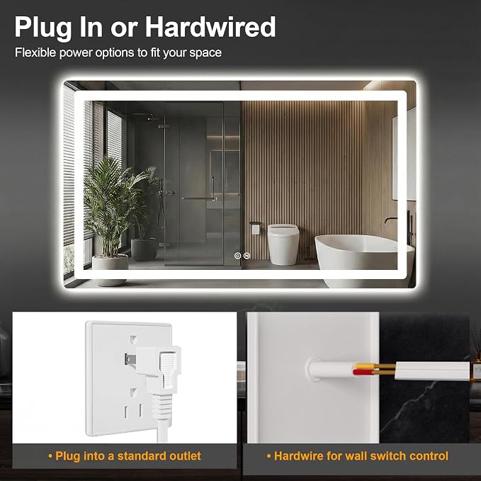 LED Bathroom Mirror with Lights, 30 x 55 Lighted Vanity Wall Mirror | Backlit and Frontlit, Anti-Fog, Dimmable 3 Colors, Shatter-Proof Tempered Glass, Memory Function, Plug-in/Hardwired