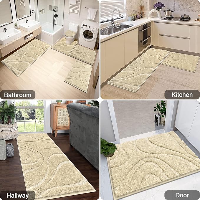 HEBE Bathroom Rugs Sets 5 Piece, Non Slip Washable Absorbent Bath Mat Set | Super Soft Plush Microfiber Bathroom Mats with Runner Set, Solid Bathmat with U-Shaped Toilet Rug Cover Set for Tub, Shower