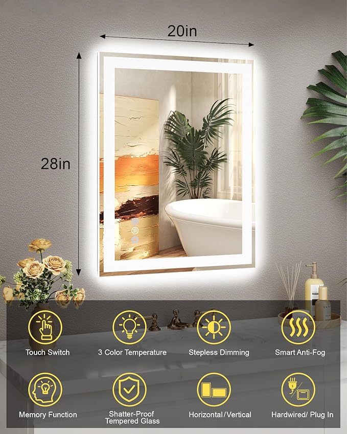 20x28 LED Bathroom Mirror, 6000LM, Separate Front and Back Lights | Shatter-Resistant Tempered Glass,Auto-Off Defogger,3 Color Modes,Smooth Dimming,Smart Memory Setting