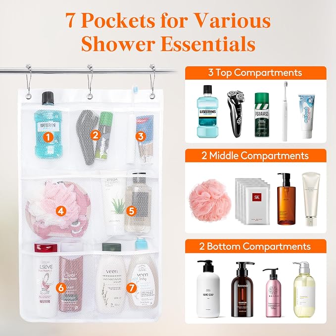 Lifewit Mesh Shower Caddy, 7 Pockets Hanging Shower Organizer with Quick Drying Mesh, Portable Space Saving Bathroom Organizer to Hold Soap, Shampoo and Cruise Ship Essentials, White, Medium - 3 Pack | 17" x 25.6", Attached 9 Hooks, Quick-Dry, Portable...