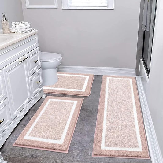 Pauwer Bathroom Rugs 3 Piece Set, Non Slip Washable Bath Mat, Dusty Pink | Soft Plush Microfiber, Super Absorbent Floor Carpet, U Shaped Toilet Mats, Quick Dry, Shaggy Shower Rugs Runners