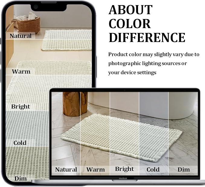 JIUZHEN Set of 2 Waffle Bathroom Rugs Non Slip Bath Mats, 16"x24"+24"x60" | Cream, Boho, Super Absorbent, Washable, Ultra Soft, Fast Drying Bath Rug and Bathroom Runner for Kitchen Hallway Laundry