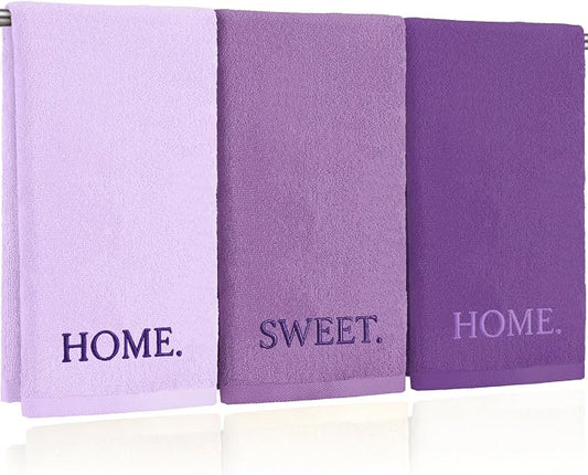 3 Pcs Hand Towels Bathroom Set,Purple,Home Sweet Home | Embroidered Cotton Farmhouse Towels, Kitchen Decor, Rustic Boho Decorative with Text Labels, Guest Bath Home