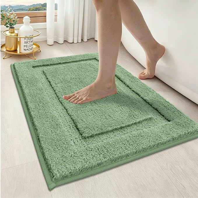 SHACOS Soft Microfiber Bathroom Rugs Set of 2 Pieces, Sage Green | 47x20 + 32x20, Absorbent Plush Bath Rugs, Non Slip Washable Shaggy Bath Mats, Fluffy Bathroom Runner Floor Mats Shower Rug