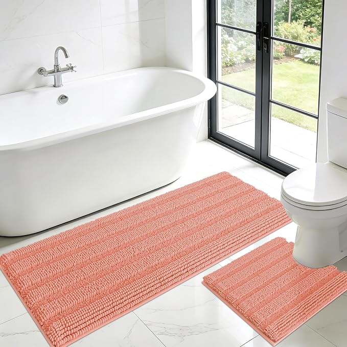 ACCUMTEK Striped Coral Toilet Bathroom Rug Mat Set 2 piece Rug Ultra Soft, Non Slip Chenille Bath Rugs, Absorbent Plush Shaggy Bath Mats for Bathroom, Bedroom, Kitchen, Shower, Tub