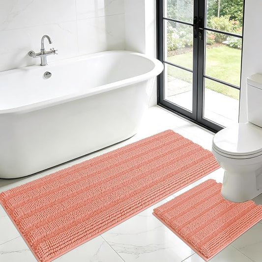 ACCUMTEK Striped Coral Toilet Bathroom Rug Mat Set 2 piece Rug Ultra Soft, Non Slip Chenille Bath Rugs, Absorbent Plush Shaggy Bath Mats for Bathroom, Bedroom, Kitchen, Shower, Tub