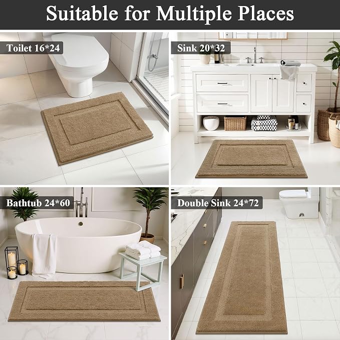 SHACOS Soft Microfiber Bathroom Rugs Set of 2 Pieces, Khaki Brown | 47x20 + 32x20, Absorbent Plush Bath Rugs, Non Slip Washable Shaggy Bath Mats, Fluffy Bathroom Runner Floor Mats Shower Rug