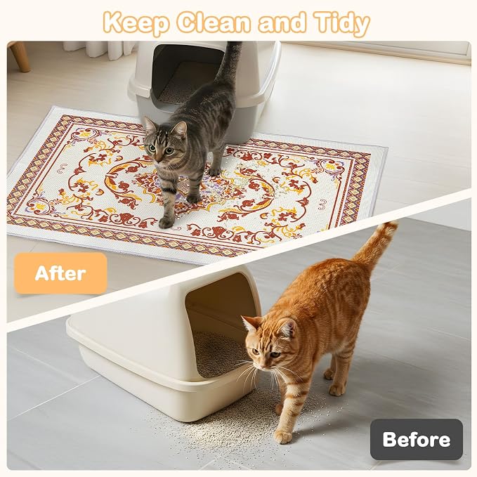 Washable Cat Litter Mat 28"x20" Waterproof Trapping Pad | Kitty Litter Box Mat Featuring A Non-Slip Base And Decorative Design To Trap Scatter For Home Floor Protection