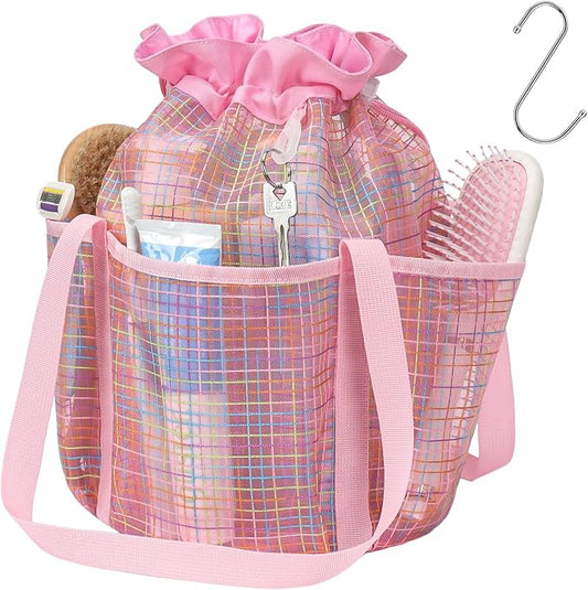 F-color Mesh Shower Caddy Portable with Drawstring - Tall 5 Pockets Dorm Room Essentials for Guys Girls with S Hook, Shower Bag Basket Tote for College Camping Travel Toiletry Bathroom, Pink Grid