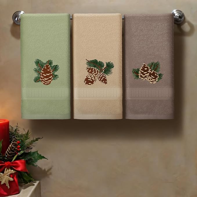 3 Pcs Rustic Pine Cone Hand Towels for Bathroom Christmas Decor | Embroidered Pine Cone Design, 100% Cotton, Christmas Bathroom Kitchen Decor, Absorbent Towels, Holiday Housewarming Gifts