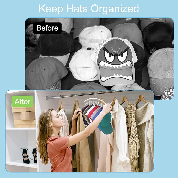 Cuipingoo Hat Hangers for Closet, Metal 2 Pack Hat Organizer Holder for Hanger Closet Display, Hat Racks for Baseball Caps w/10 Clips, Hat Holder for Ball Caps & Accessories, for Men Women, White