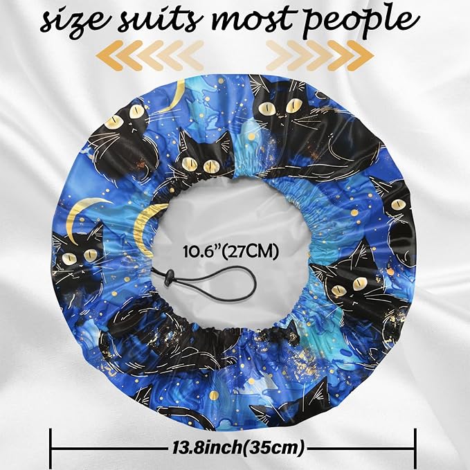 2 PCS Shower Cap Reusable Waterproof Double Layers Hair Caps Shower Bath Adjustable Elastic Hat for Women Girls Cute Aesthetic-Black Cat