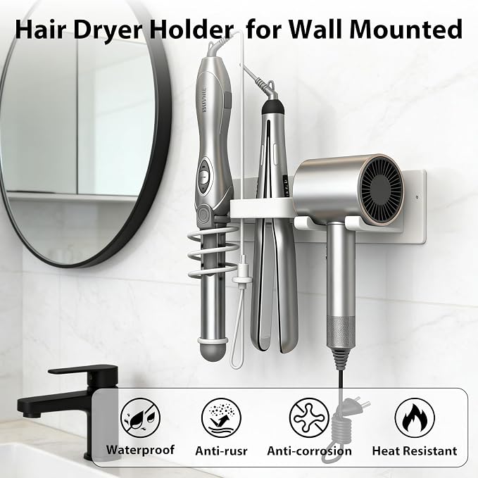 Hair Dryer Holder Hair Tool Organizer Metal Wall Mount (White) | Heat Resistant Hair Tool Organizer, Metal Wall Mount Storage, Bathroom Counter Space Saver, Blow Dryer Holder