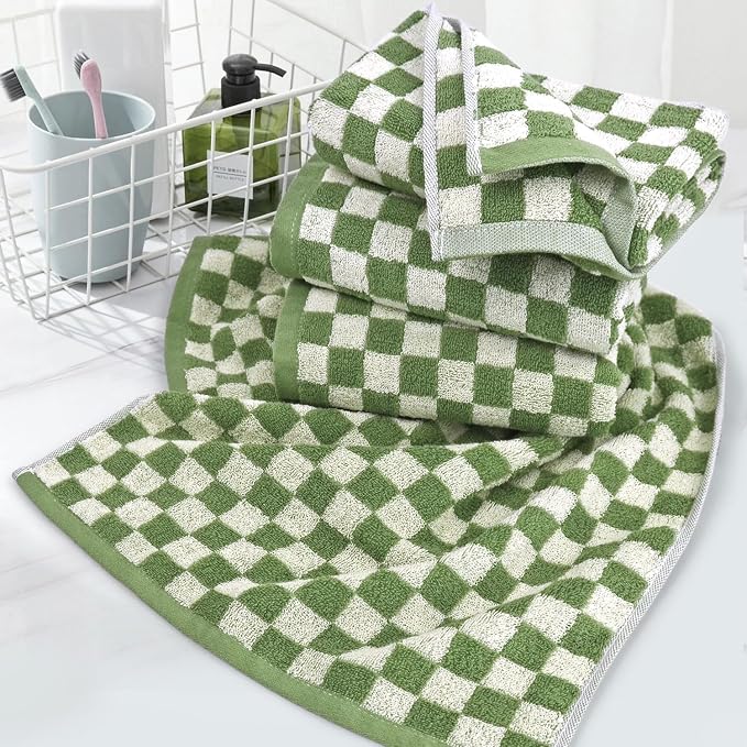 Jacquotha Green Hand Towels for Bathroom Set of 4, Cute Checkered | Bathroom Towels for Kitchen Decor, Lightweight for Bath Face Body