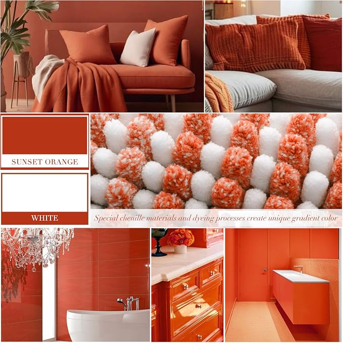 Bathroom Rugs Sets 2 Piece, Non Slip Bath Mats, Sunset Orange | 24"x70" Plus 20"x32", Soft Absorbent Striped Chenille, Quick Dry Machine Washable, Shower Rug for Bathroom Bedroom Décor