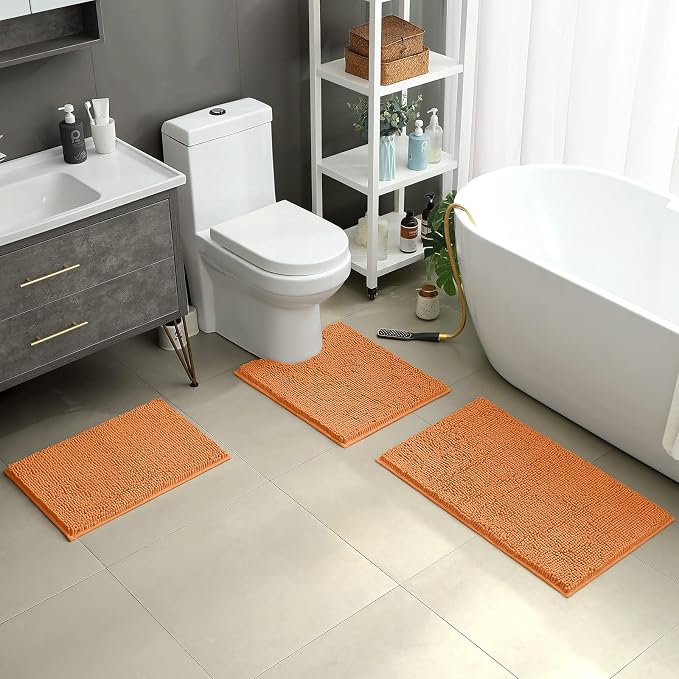 HOMEIDEAS Orange Chenille Bathroom Rugs Set of 3, Non Slip Bath Mat | Super Absorbent, Soft Microfiber, Machine Washable, Stain Resistant, for Bathroom Decor