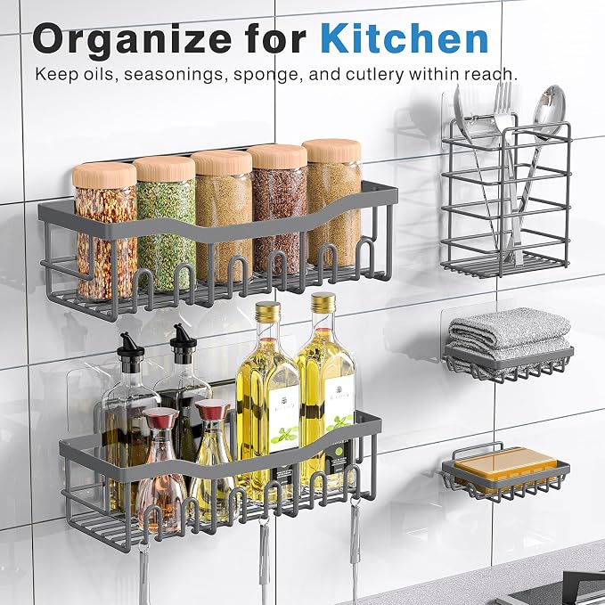 Shower Caddy 5 Pack,Adhesive Shower Organizer for Bathroom Storage&Home Decor&Kitchen,No Drilling,Large Capacity,Rustproof Stainless Steel Bathroom Organizer,Shower Shelves for Inside Shower-Larger