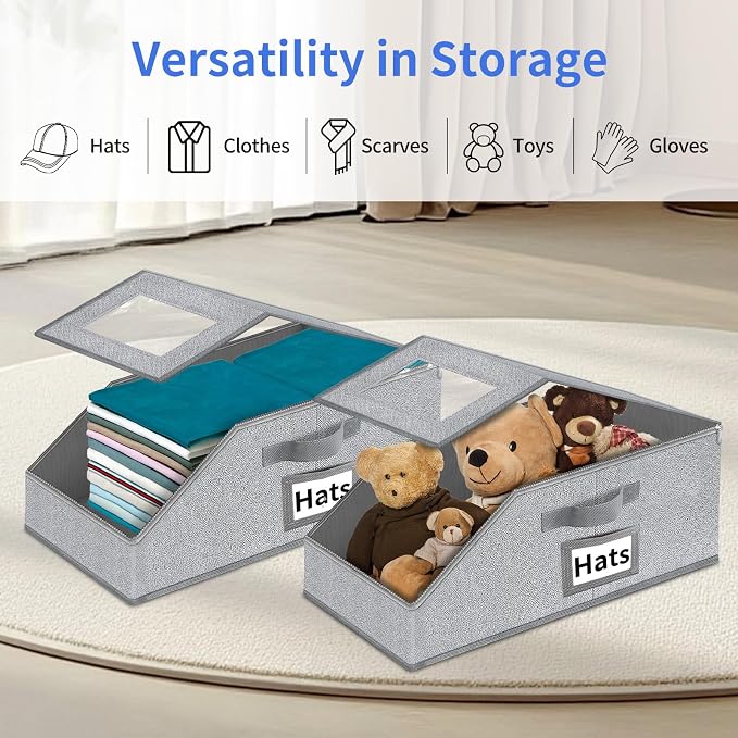 Stackable Hat Storage for Baseball Caps - Hat Organizer with Clear Window | 2PCS Stackable Storage with Clear Window Lid, Flip-Top Access, Space-Saving Hat Box for Closet, Breathable Fabric