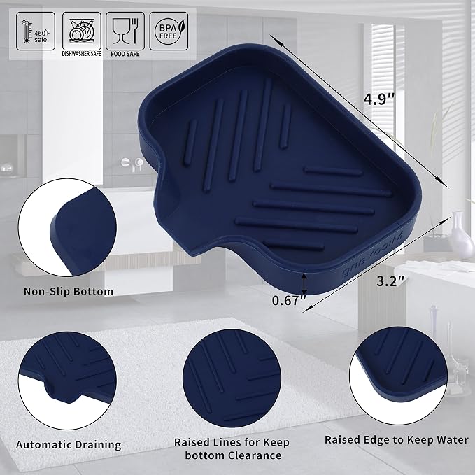 MicoYang Silicone Soap Dish with Drain Spout, Self-Draining Sink Organizer Tray for Bathroom and Kitchen, Sponges, Dispensers & Soap Holder, Non-Slip & Dishwasher Safe, Navy Blue (Compact, 4.9"×3.2")