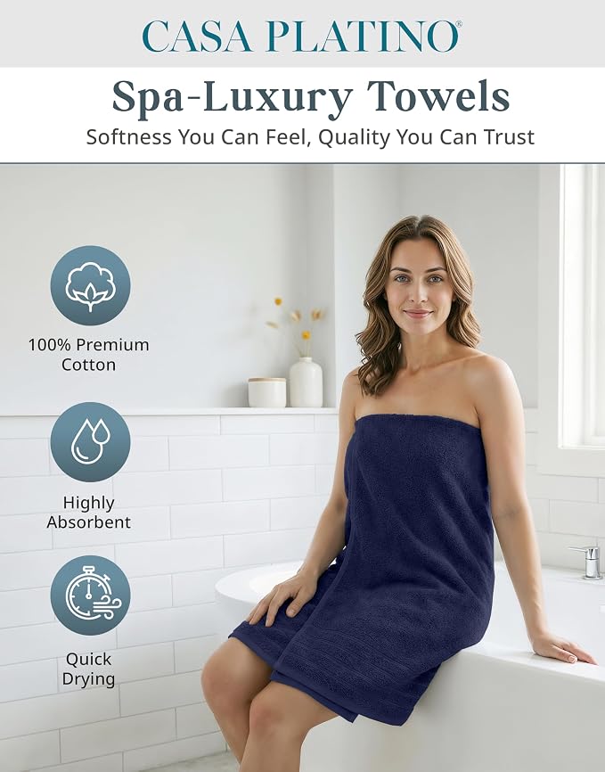 Casa Platino Bath Towel Set 100% Cotton 24 Piece Soft Absorbent - Navy | Bath Towel Sets For Bathroom - Densely Woven, Coordinated Colors, Dobby Border Accent, OEKO-TEX Certified, Ring-Spun Cotton