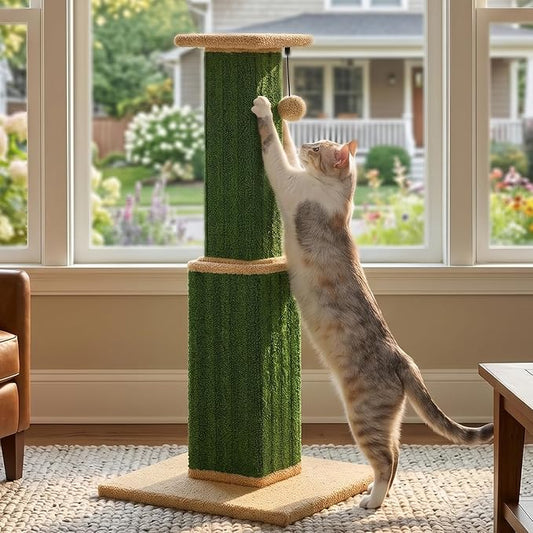 PAWZ Road 32" Large Cat Scratching Post, Vertical Carpet Cat Scratcher | Green Heavy Duty Cat Post with 16x16”Large Base Covered Strong Carpet Scratcher and Cat Toy Ball for Adult and Indoor Cats