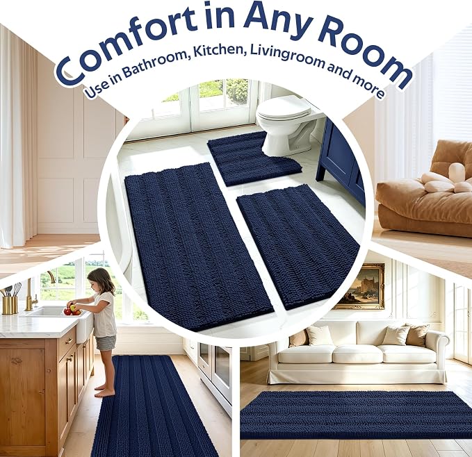 ACCUMTEK Striped Navy Blue Bathroom Rug Mat Set 2 piece 32"x20"+60"x20" Ultra Soft, Non Slip Chenille Bath Rugs, Absorbent Plush Shaggy Bath Mats for Bathroom, Bedroom, Kitchen, Shower, Tub