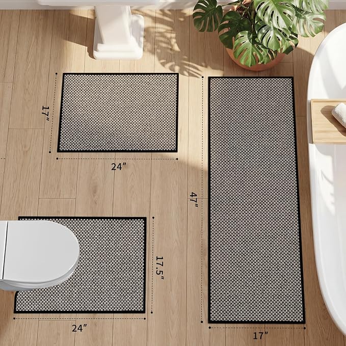 YIHOUSE Thin Bath Mat Black Bathroom Rugs Sets 3 Pieces, Non Slip Absorbent Bath Mats Quick Dry, Woven Braided Rugs Washable,Tapetes para Baño for Bathroom,Bathtub(17.5"x24"U+17"x24"+17"x47")