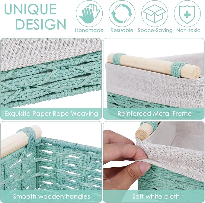 Wicker Storage Basket with Wooden Handle – Paper Rope Decorative Toilet Paper Baskets & Bathroom Organizer for Toilet Tank Top, Shelves, Bedroom, Countertop,Home,Office Storage Bins, 2 Pack,Mint Green