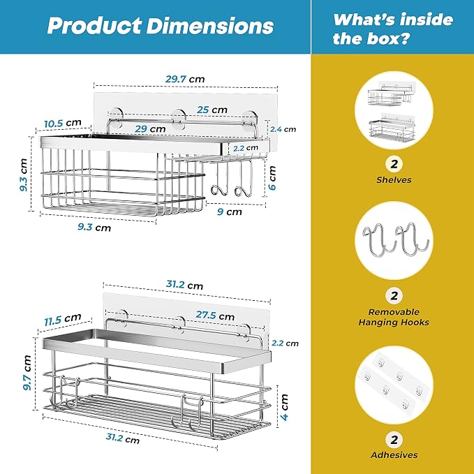 KESOL Shower Caddy and Soap Dish with Hooks Shower Shelf Organizer, No Drilling Adhesive Wall Mounted Bathroom Shelf, Rust Resistant Stainless Steel (2 Pack), Silver