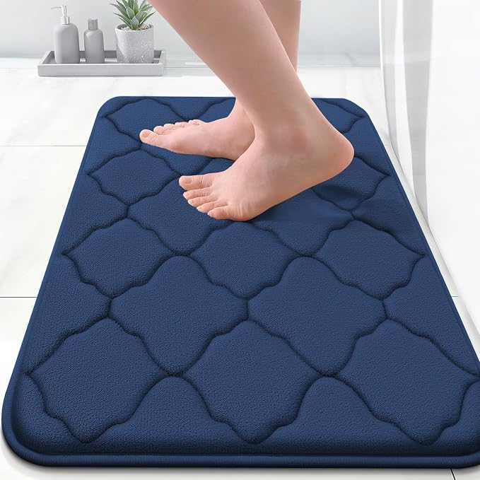 OLANLY Memory Foam Bath Mat Rug 24x16, Ultra Soft and Absorbent Bathroom Rugs, Non-Slip, Comfortable, Machine Washable Bath Carpet for Bathroom Floor, Tub, Shower and Home Decor Accessories, Navy | Thick Absorbent Carpet, Non-Slip Backing, Machine Wash...