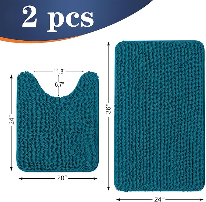 OLANLY Chenille Bathroom Rugs Sets 2 Piece, 36"x24"+24"x20", Peacock Blue | Soft Absorbent Bath Mat and U-Shaped Contour Toilet Rug Set, Quick Dry, Machine Washable Bath Carpet, Home Decor Accessories