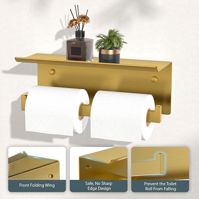 FORIOUS Toilet Paper Holder with Shelf, 304 Stainless Steel Wall Mount Commercial Toilet Paper Dispenser, Double Tissue Roll Holder for Bathroom, Brushed Gold